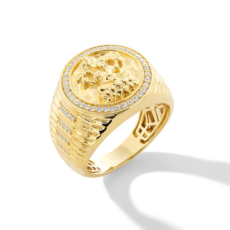 Main Image 3 of 0.30 CT. T.W. Diamond Frame Ganesha Ribbed Shank Signet Ring in 18K Gold