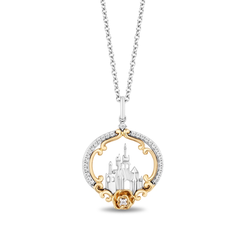 Main Image 1 of Enchanted Disney Belle 0.145 CT. T.W. Diamond Castle Pendant in Sterling Silver and 14K Gold