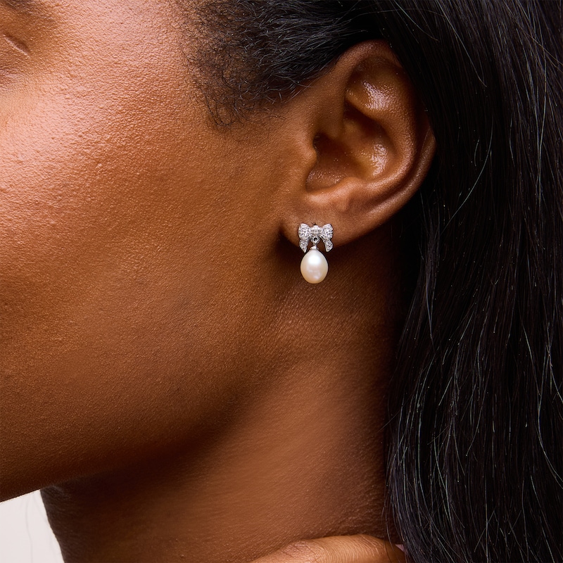 Main Image 3 of 6.0-8.0mm Freshwater Cultured Pearl and White Lab-Created Sapphire Bow Necklace and Drop Earrings Set in Sterling Silver