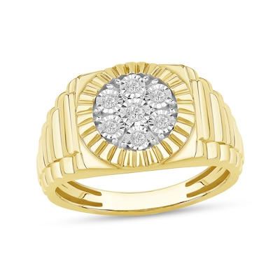 0.15 CT. T.W. Multi-Diamond Coin-Edge Frame Ribbed Shank Ring in 10K Gold