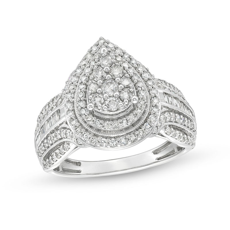 Previously Owned - 1.00 CT. T.W. Pear Multi-Diamond Teardrop Frame Multi-Row Engagement Ring in 10K White Gold