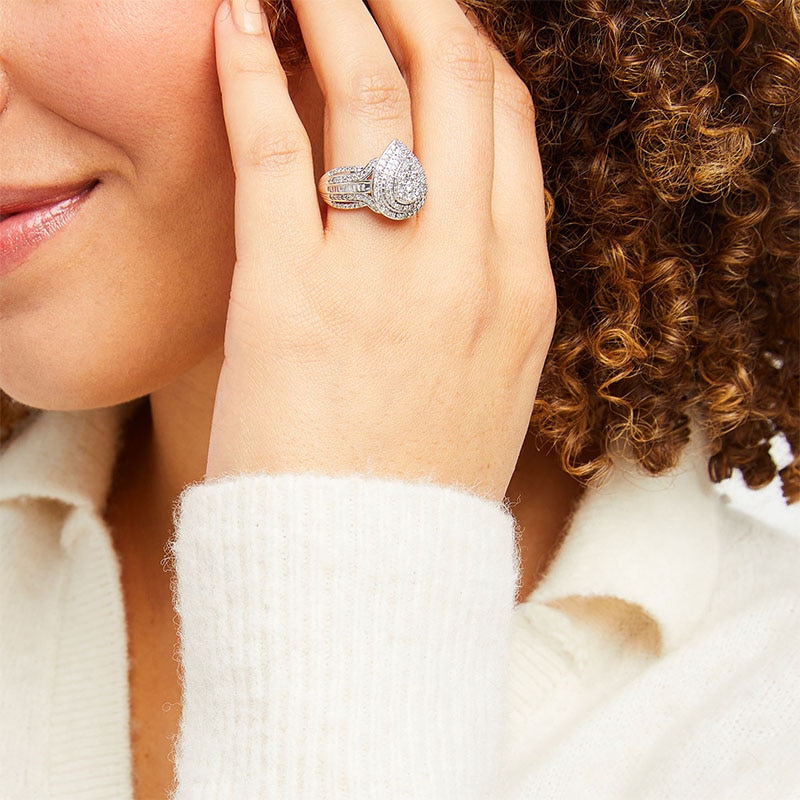 Previously Owned - 1.00 CT. T.W. Pear Multi-Diamond Teardrop Frame Multi-Row Engagement Ring in 10K White Gold