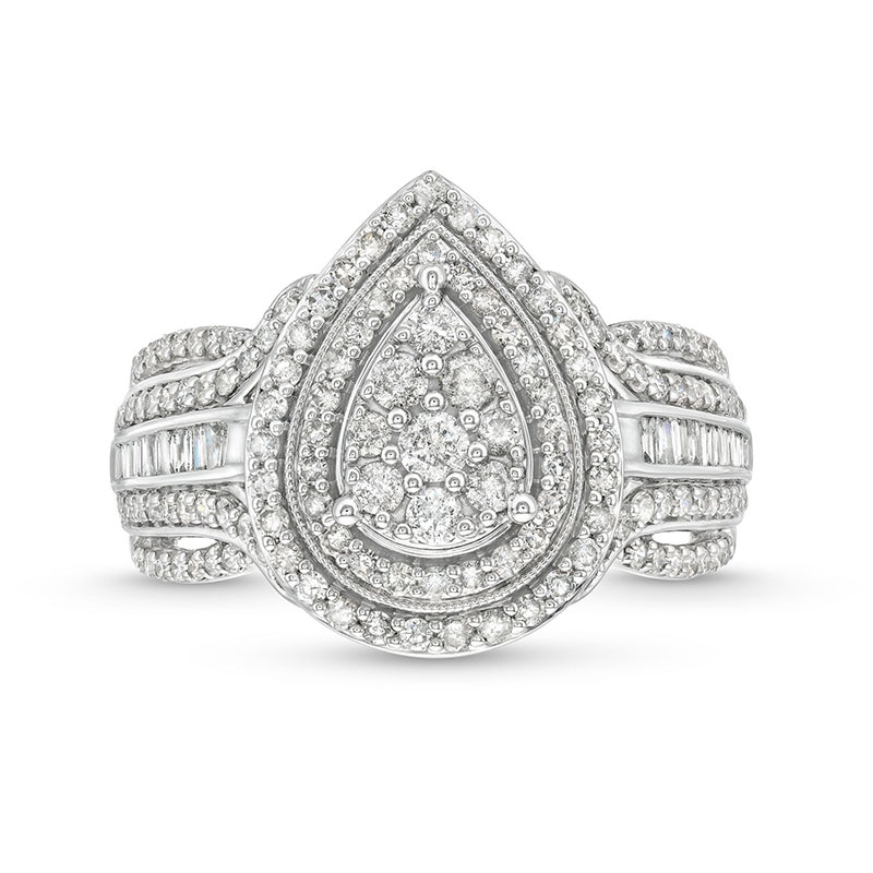Previously Owned - 1.00 CT. T.W. Pear Multi-Diamond Teardrop Frame Multi-Row Engagement Ring in 10K White Gold