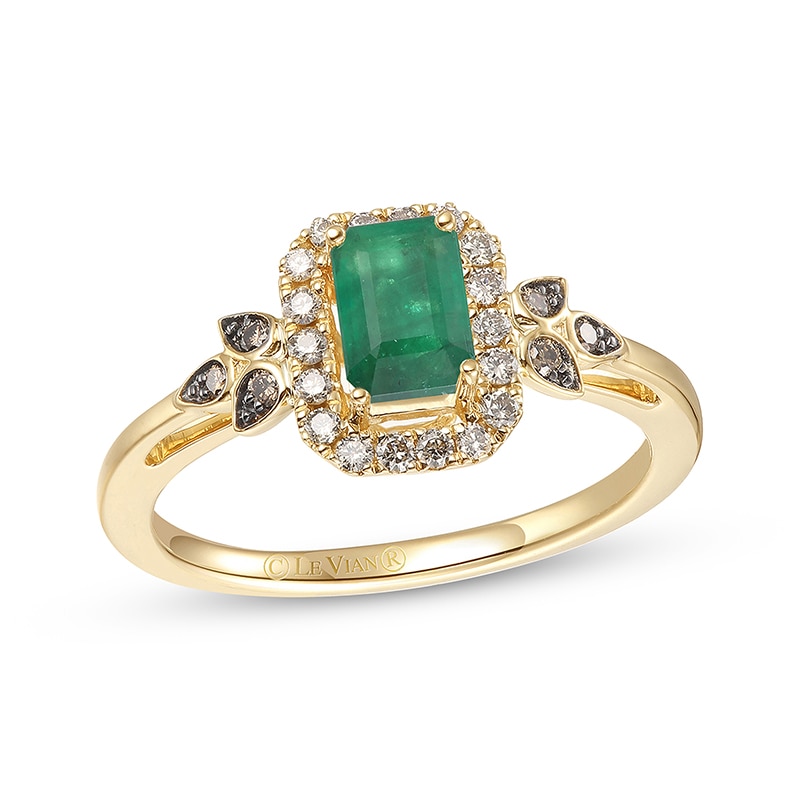 Previously Owned - Le Vian® Emerald-Cut Costa Smeralda Emerald™ and 0.20 CT. T.W. Diamond Leaves Ring in 14K Honey Gold™