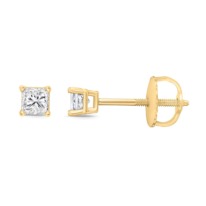Main Image 2 of 0.20 CT. T.W. Princess-Cut Canadian Certified Diamond Solitaire Stud Earrings in 14K Gold (I/I2)