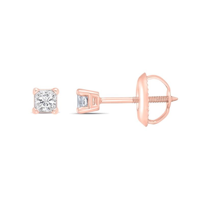 Main Image 2 of 0.10 CT. T.W. Princess-Cut Canadian Certified Diamond Solitaire Stud Earrings in 14K Rose Gold (I/I2)