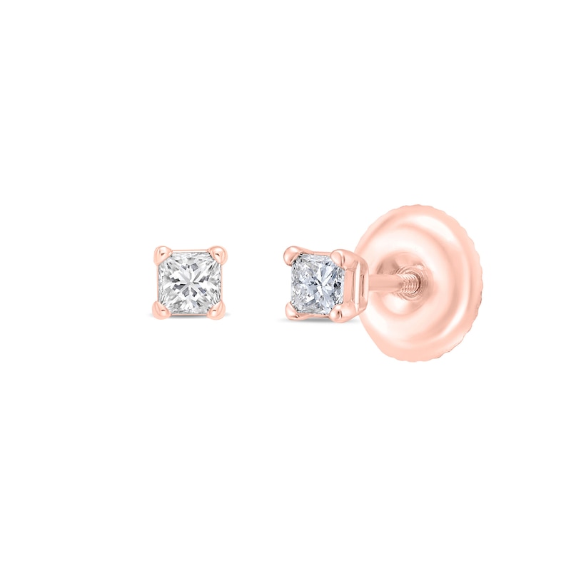 Main Image 3 of 0.10 CT. T.W. Princess-Cut Canadian Certified Diamond Solitaire Stud Earrings in 14K Rose Gold (I/I2)
