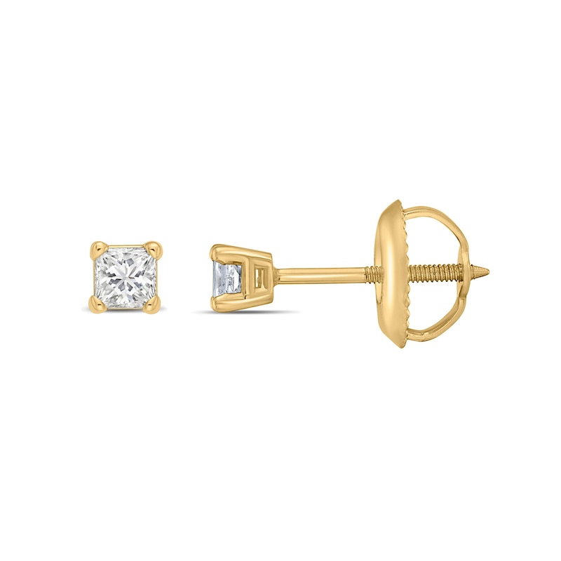 Main Image 2 of 0.10 CT. T.W. Princess-Cut Canadian Certified Diamond Solitaire Stud Earrings in 14K Gold (I/I2)