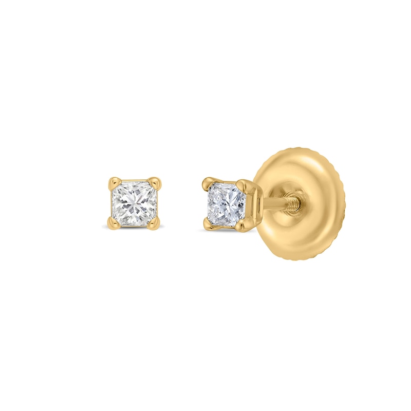 Main Image 3 of 0.10 CT. T.W. Princess-Cut Canadian Certified Diamond Solitaire Stud Earrings in 14K Gold (I/I2)