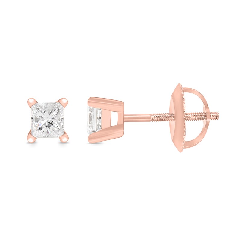 Main Image 2 of 0.30 CT. T.W. Princess-Cut Canadian Certified Diamond Solitaire Stud Earrings in 14K Rose Gold (I/I2)