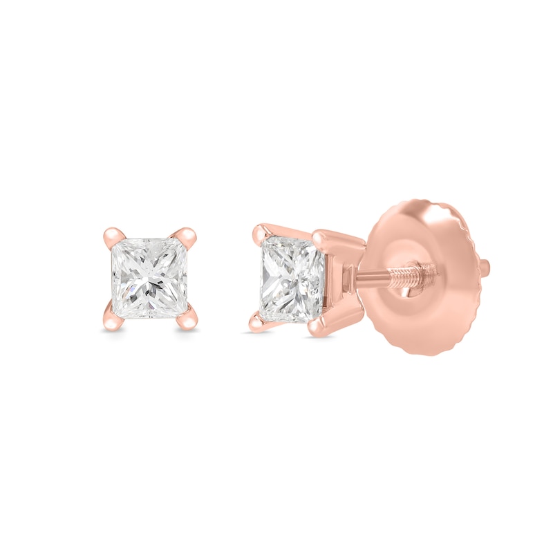 Main Image 3 of 0.30 CT. T.W. Princess-Cut Canadian Certified Diamond Solitaire Stud Earrings in 14K Rose Gold (I/I2)