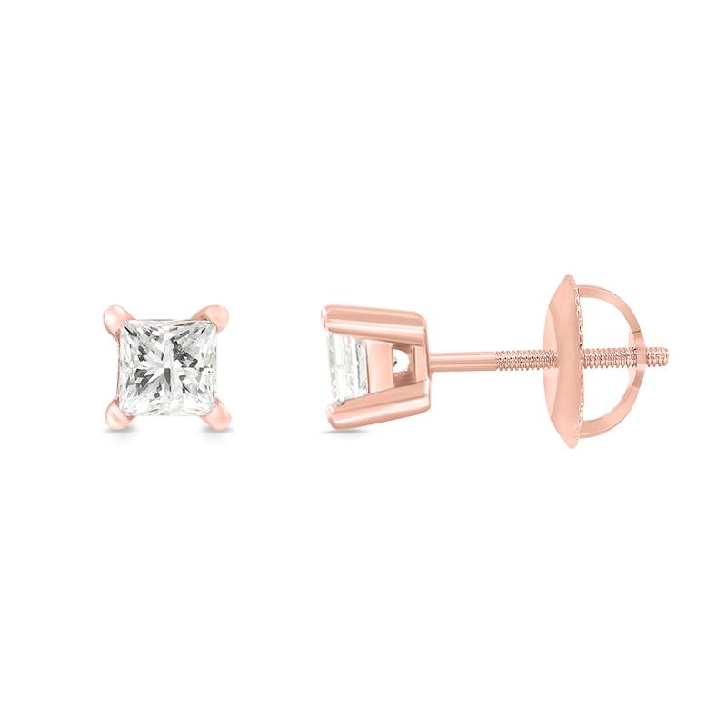 Main Image 2 of 0.50 CT. T.W. Princess-Cut Canadian Certified Diamond Solitaire Stud Earrings in 14K Rose Gold (I/I2)