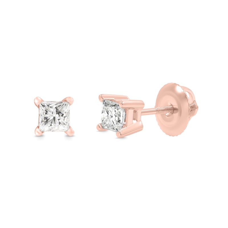 Main Image 3 of 0.50 CT. T.W. Princess-Cut Canadian Certified Diamond Solitaire Stud Earrings in 14K Rose Gold (I/I2)
