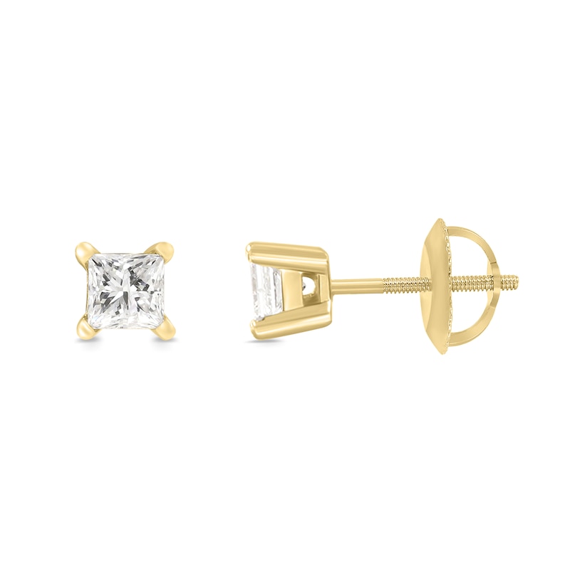 Main Image 2 of 0.50 CT. T.W. Princess-Cut Canadian Certified Diamond Solitaire Stud Earrings in 14K Gold (I/I2)