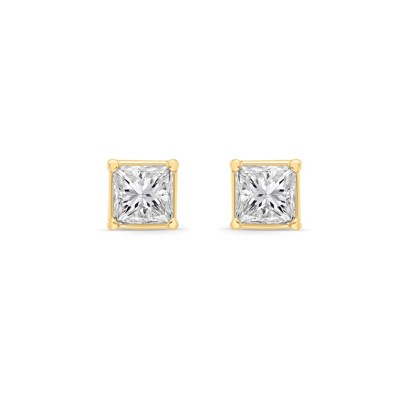 Main Image 1 of 1.00 CT. T.W. Princess-Cut Canadian Certified Diamond Solitaire Stud Earrings in 14K Gold (I/I2)