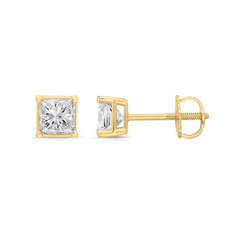 Main Image 2 of 1.00 CT. T.W. Princess-Cut Canadian Certified Diamond Solitaire Stud Earrings in 14K Gold (I/I2)