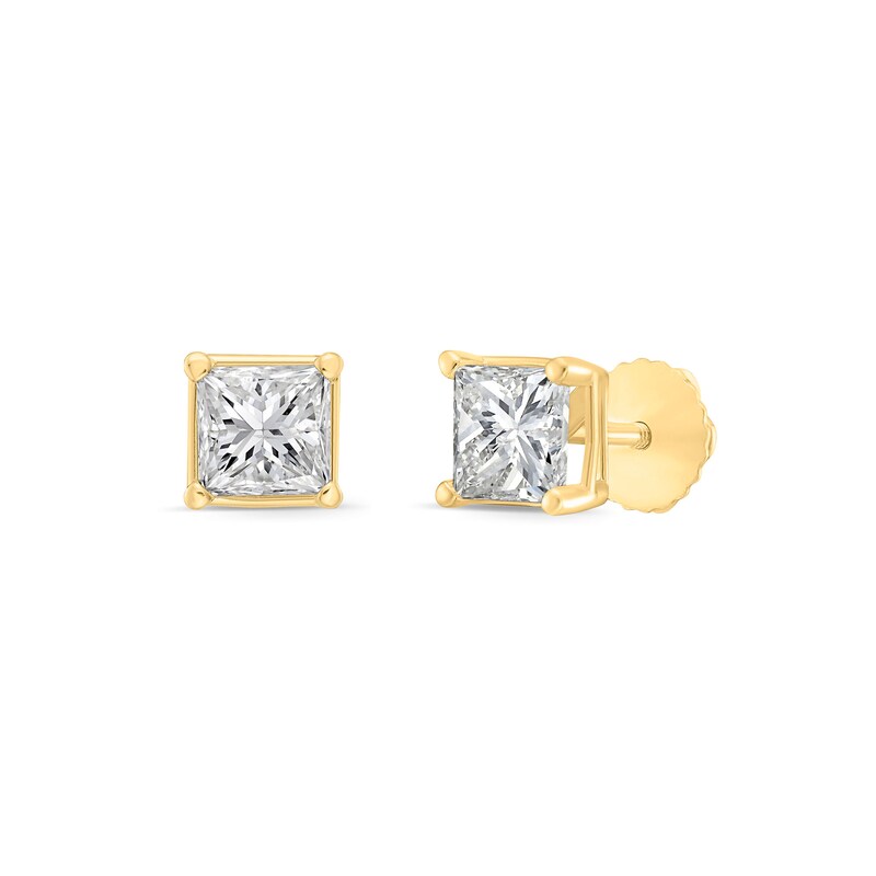 Main Image 3 of 1.00 CT. T.W. Princess-Cut Canadian Certified Diamond Solitaire Stud Earrings in 14K Gold (I/I2)