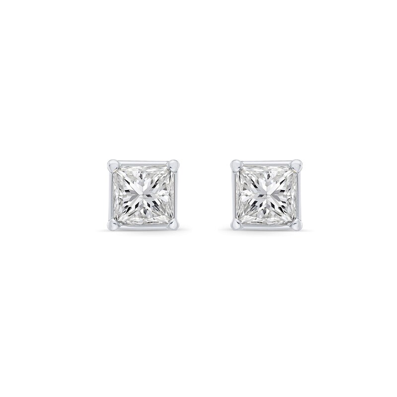 Main Image 1 of 1.00 CT. T.W. Princess-Cut Canadian Certified Diamond Solitaire Stud Earrings in 18K White Gold (I/SI2)