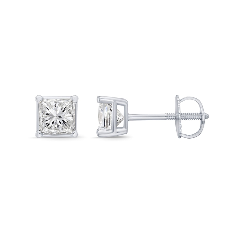 Main Image 2 of 1.00 CT. T.W. Princess-Cut Canadian Certified Diamond Solitaire Stud Earrings in 18K White Gold (I/SI2)