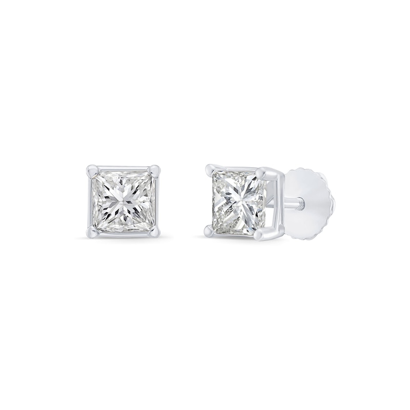 Main Image 3 of 1.00 CT. T.W. Princess-Cut Canadian Certified Diamond Solitaire Stud Earrings in 18K White Gold (I/SI2)