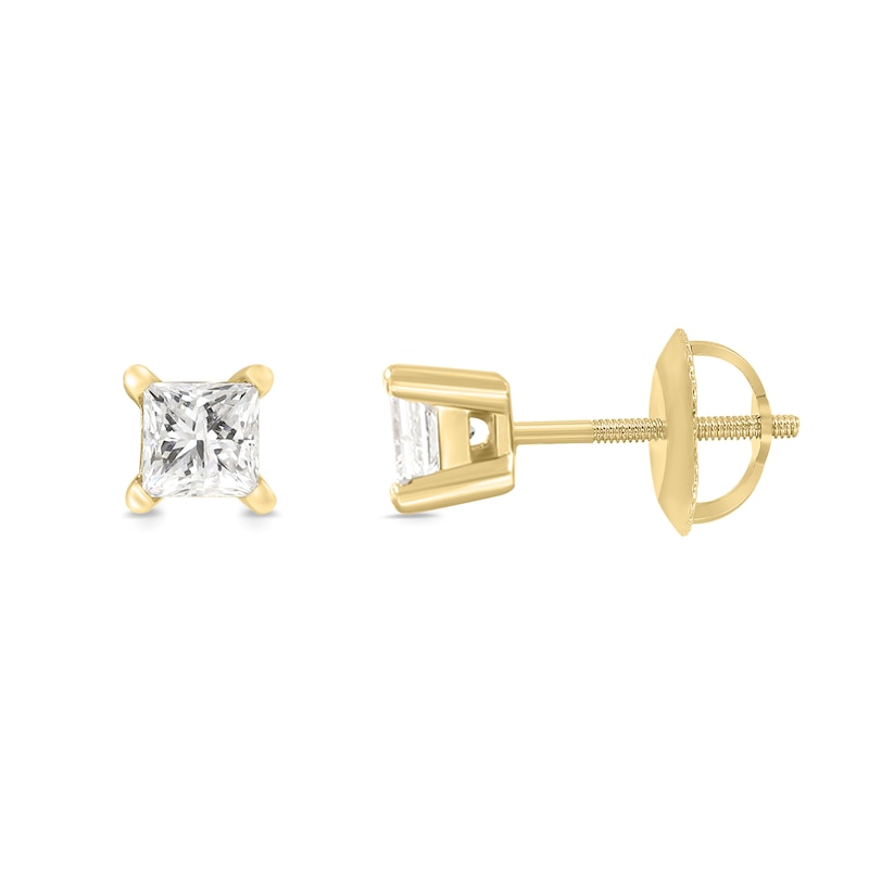Main Image 2 of 0.50 CT. T.W. Princess-Cut Canadian Certified Diamond Solitaire Stud Earrings in 18K Gold (I/SI2)
