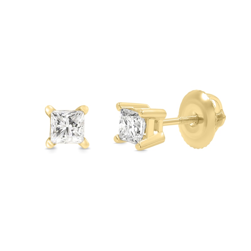 Main Image 3 of 0.50 CT. T.W. Princess-Cut Canadian Certified Diamond Solitaire Stud Earrings in 18K Gold (I/SI2)