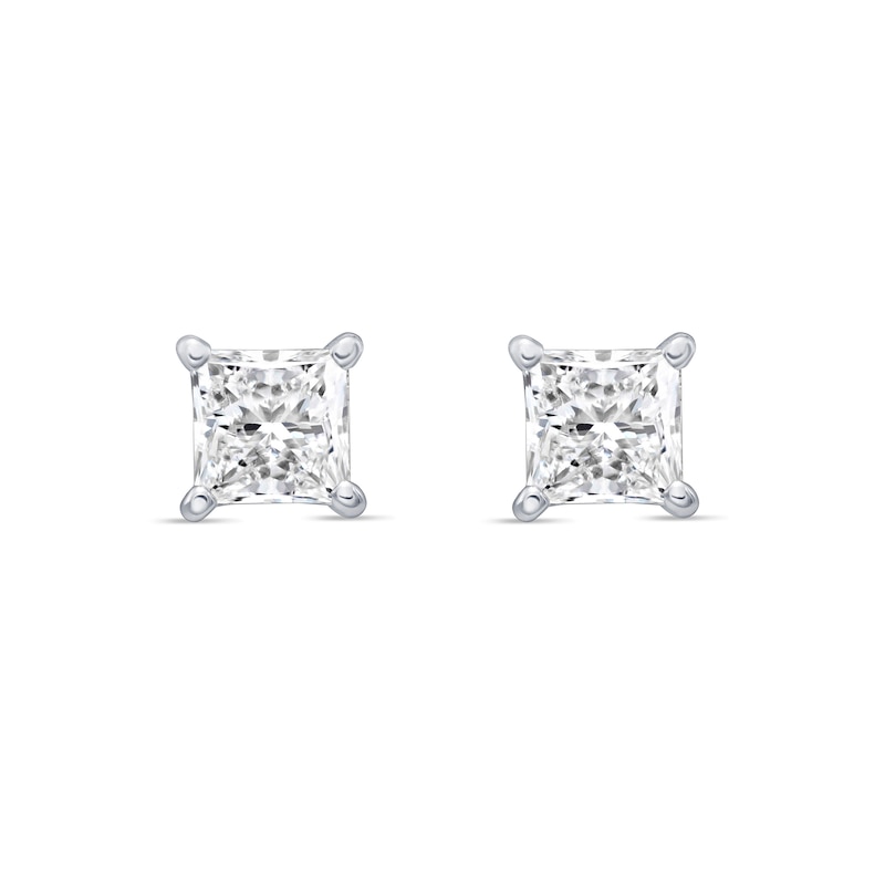 Main Image 1 of 2.00 CT. T.W. Princess-Cut Canadian Certified Diamond Solitaire Stud Earrings in 18K White Gold (I/SI2)