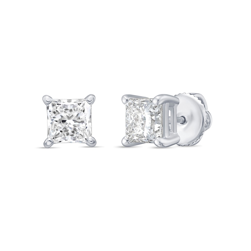 Main Image 2 of 2.00 CT. T.W. Princess-Cut Canadian Certified Diamond Solitaire Stud Earrings in 18K White Gold (I/SI2)