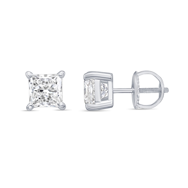 Main Image 3 of 2.00 CT. T.W. Princess-Cut Canadian Certified Diamond Solitaire Stud Earrings in 18K White Gold (I/SI2)