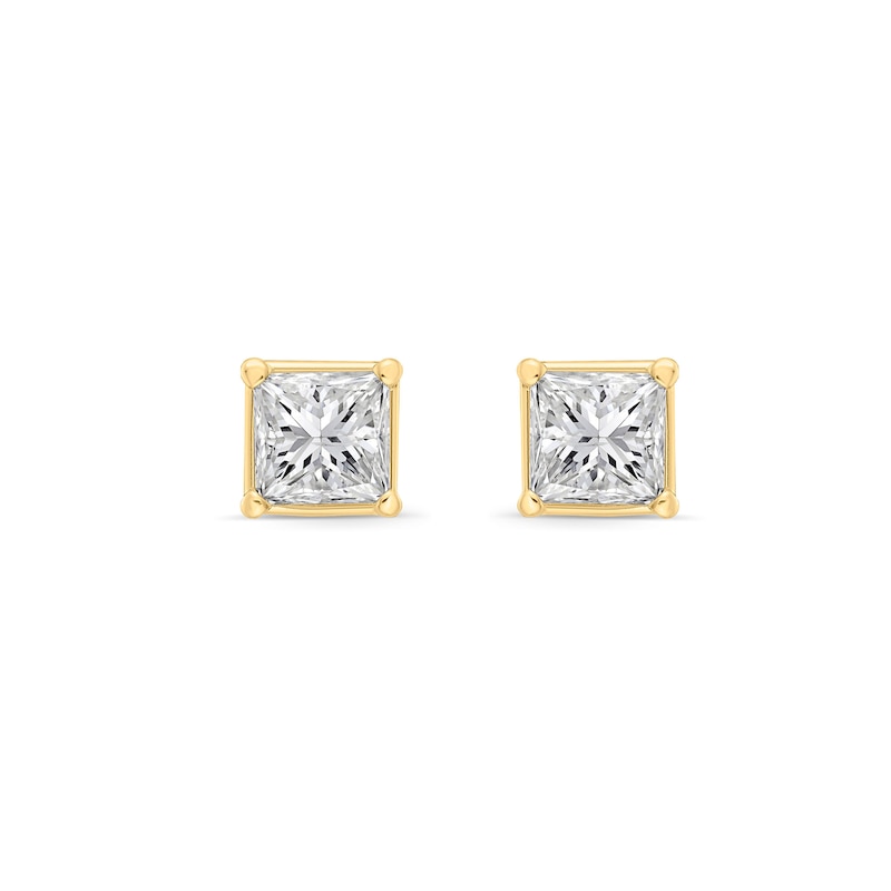 Main Image 1 of 1.00 CT. T.W. Princess-Cut Canadian Certified Diamond Solitaire Stud Earrings in 18K Gold (I/SI2)
