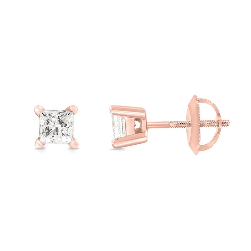 Main Image 2 of 0.50 CT. T.W. Princess-Cut Canadian Certified Diamond Solitaire Stud Earrings in 18K Rose Gold (I/SI2)