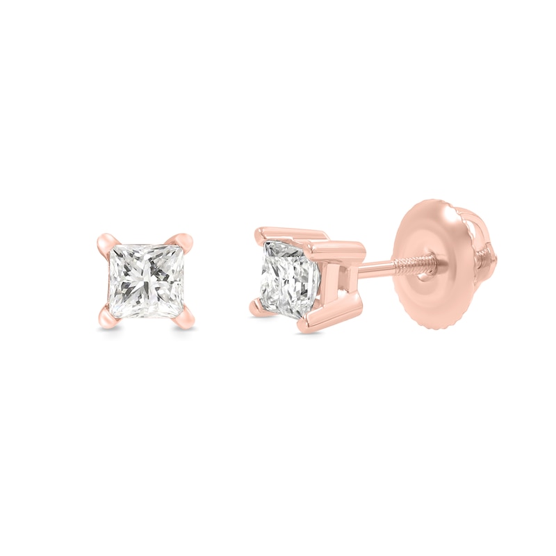 Main Image 3 of 0.50 CT. T.W. Princess-Cut Canadian Certified Diamond Solitaire Stud Earrings in 18K Rose Gold (I/SI2)