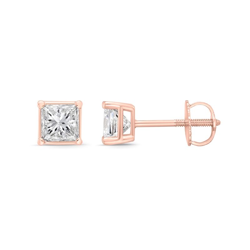 Main Image 2 of 1.00 CT. T.W. Princess-Cut Canadian Certified Diamond Solitaire Stud Earrings in 14K Rose Gold (I/I2)
