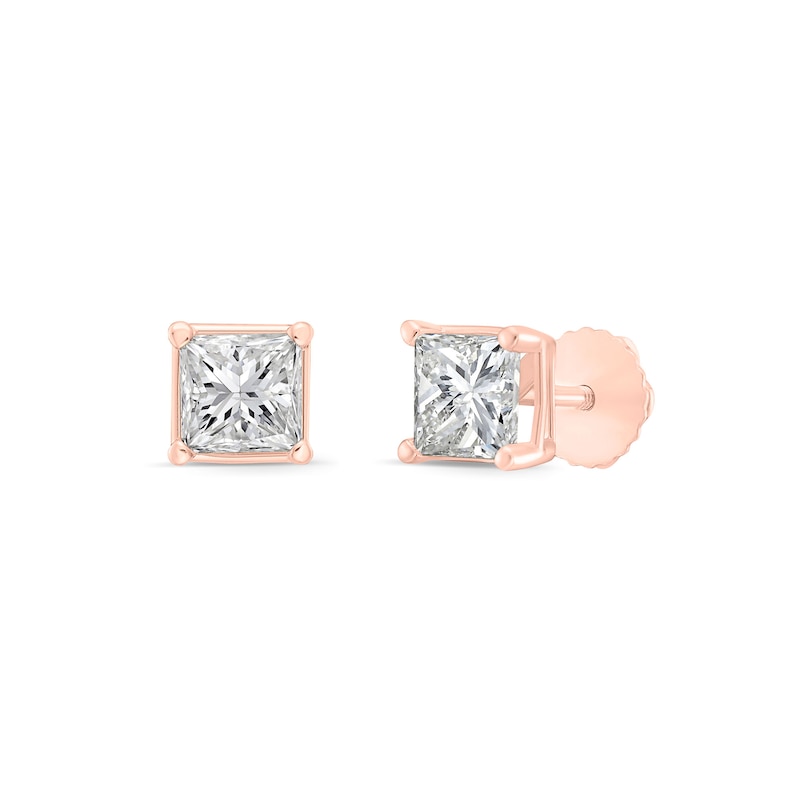 Main Image 3 of 1.00 CT. T.W. Princess-Cut Canadian Certified Diamond Solitaire Stud Earrings in 14K Rose Gold (I/I2)