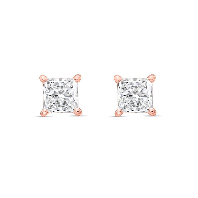 Main Image 1 of 2.00 CT. T.W. Princess-Cut Canadian Certified Diamond Solitaire Stud Earrings in 18K Rose Gold (I/SI2)