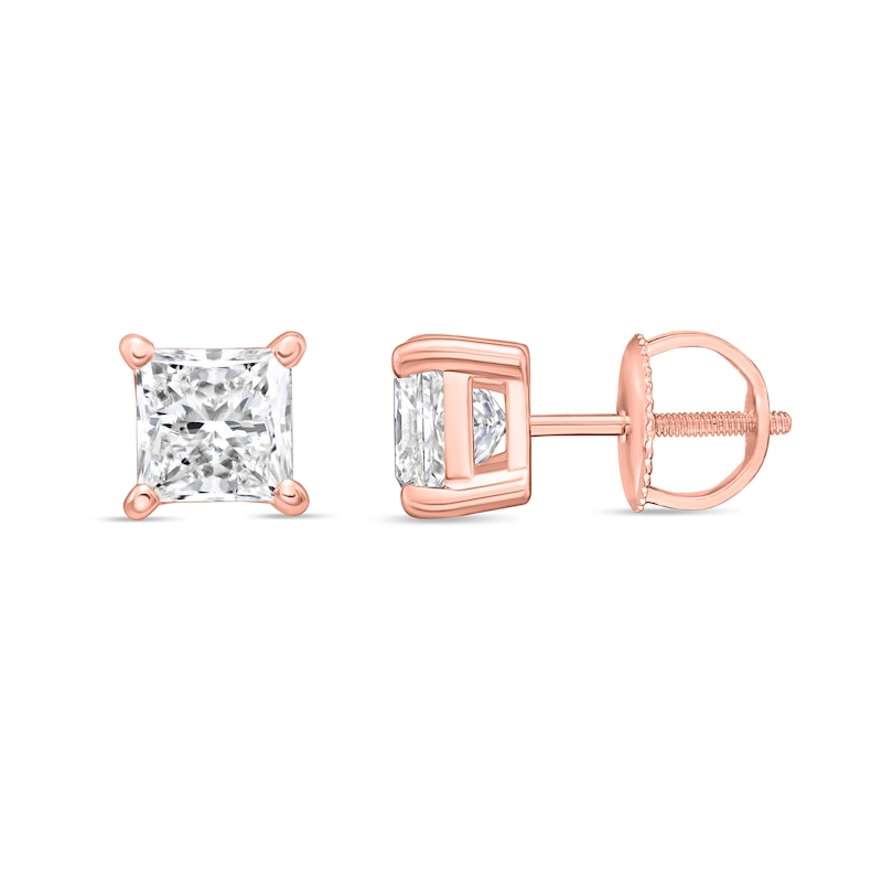 Main Image 3 of 2.00 CT. T.W. Princess-Cut Canadian Certified Diamond Solitaire Stud Earrings in 18K Rose Gold (I/SI2)