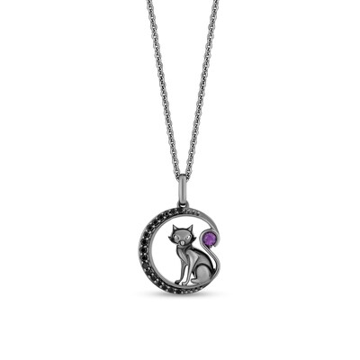 Disney Treasures Hocus Pocus Amethyst and Black Diamond Cat with Crescent Moon Pendant in Black Sterling Silver - 19”