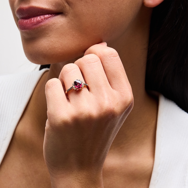 Main Image 2 of Le Vian® Oval Raspberry Rhodolite® Garnet and 0.12 CT. T.W. Diamond Collar Ring in 14K Strawberry Gold®