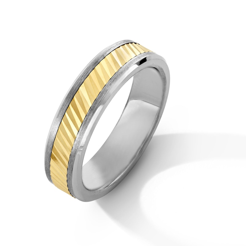 Main Image 3 of Men's 6.0mm Diamond-Cut Wedding Band in Tungsten and 14K Gold - Size 10