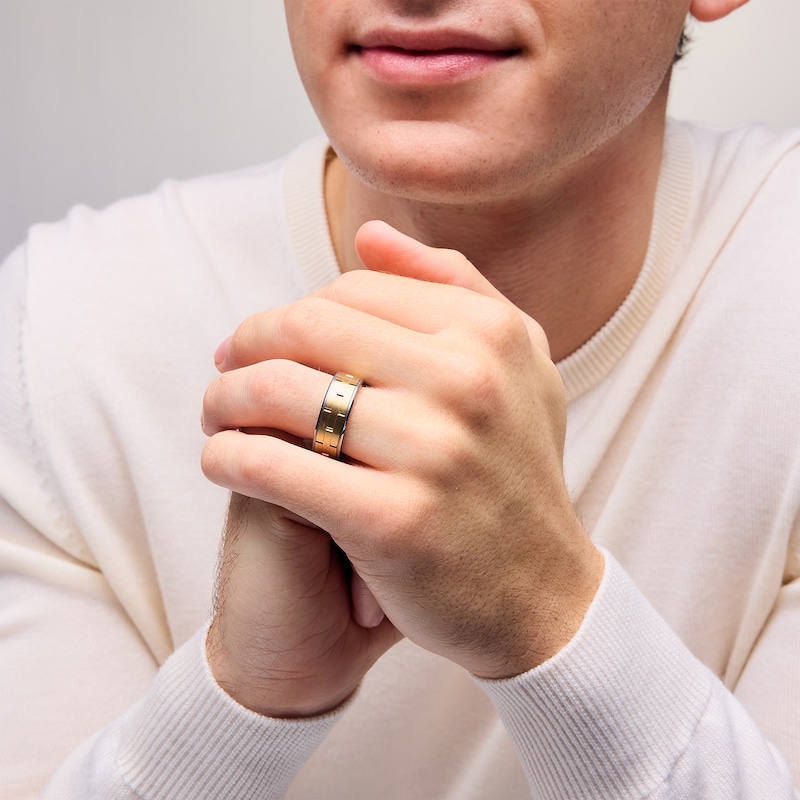 Main Image 2 of Men's 8.0mm Brick-Pattern Wedding Band in Tungsten and 14K Gold - Size 10