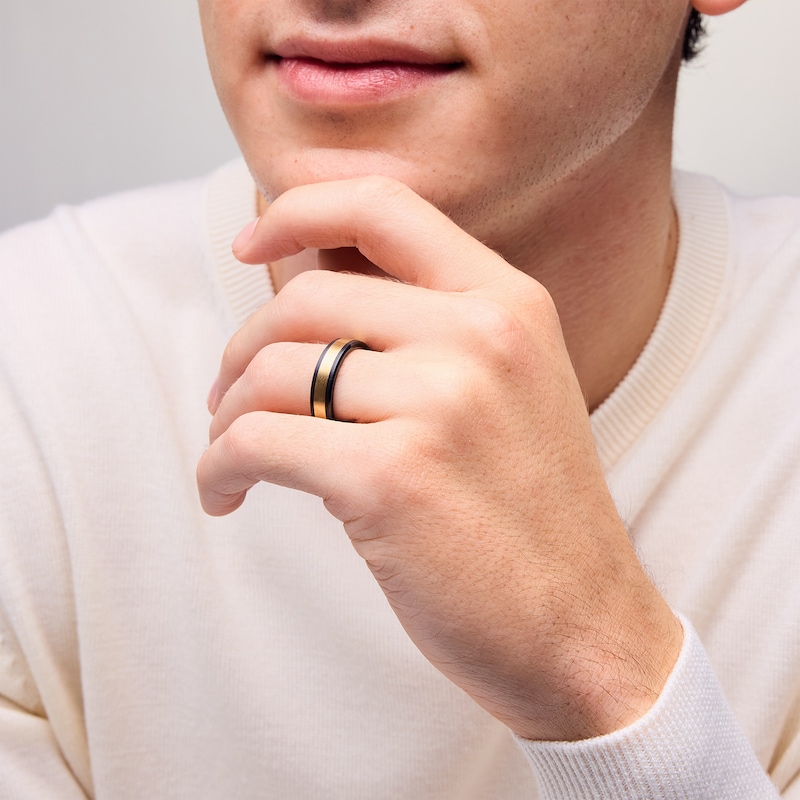Main Image 2 of Men's 6.0mm Wedding Band in Tungsten with Black Ion Plate and 14K Gold - Size 10
