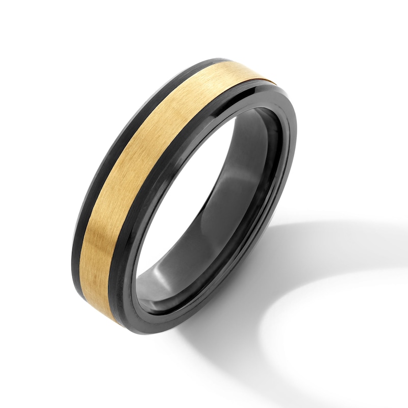 Main Image 3 of Men's 6.0mm Wedding Band in Tungsten with Black Ion Plate and 14K Gold - Size 10