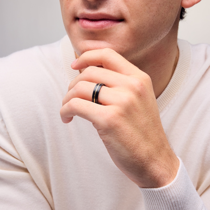 Main Image 2 of Men's 6.0mm Grooved Wedding Band in Tungsten with Black Ion Plate and 14K Gold - Size 10