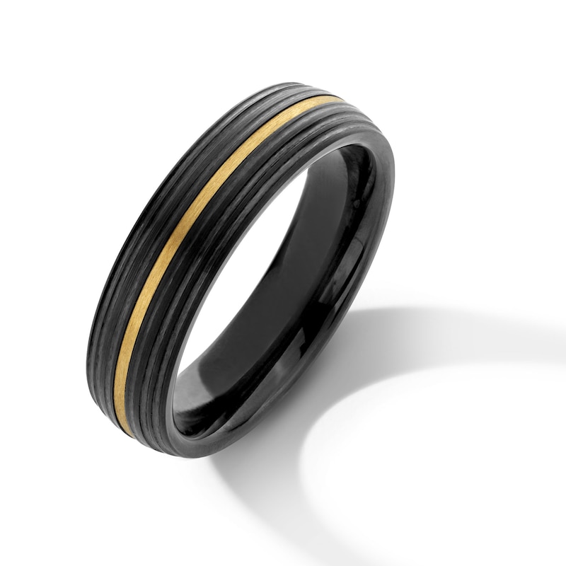 Main Image 3 of Men's 6.0mm Grooved Wedding Band in Tungsten with Black Ion Plate and 14K Gold - Size 10
