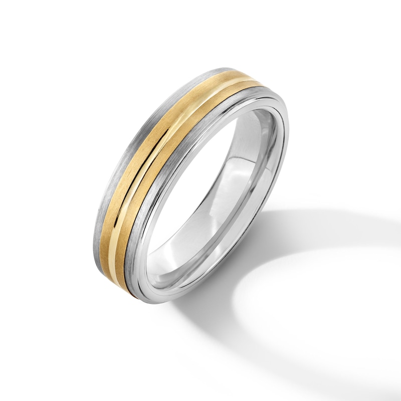 Main Image 3 of Men's 6.0mm Grooved Inlay Wedding Band in Tungsten and 14K Gold - Size 10