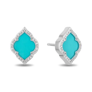 Enchanted Disney Jasmine Turquoise and 0.145 CT. T.W. Diamond Quatrefoil Frame Stud Earrings in Sterling Silver