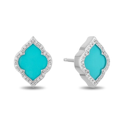 Enchanted Disney Jasmine Turquoise and 0.145 CT. T.W. Diamond Quatrefoil Frame Stud Earrings in Sterling Silver