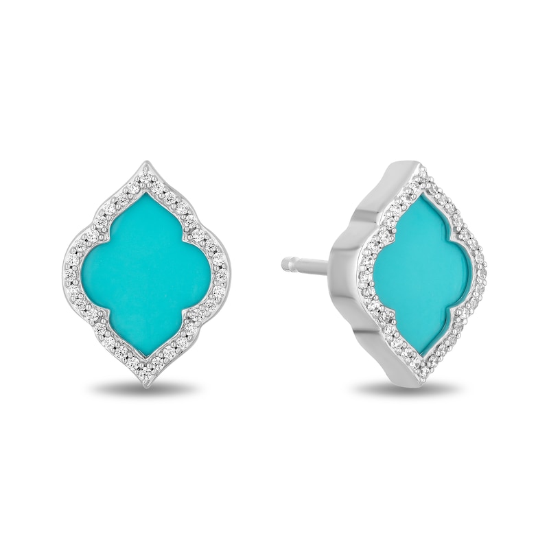 Main Image 2 of Enchanted Disney Jasmine Turquoise and 0.145 CT. T.W. Diamond Quatrefoil Frame Stud Earrings in Sterling Silver
