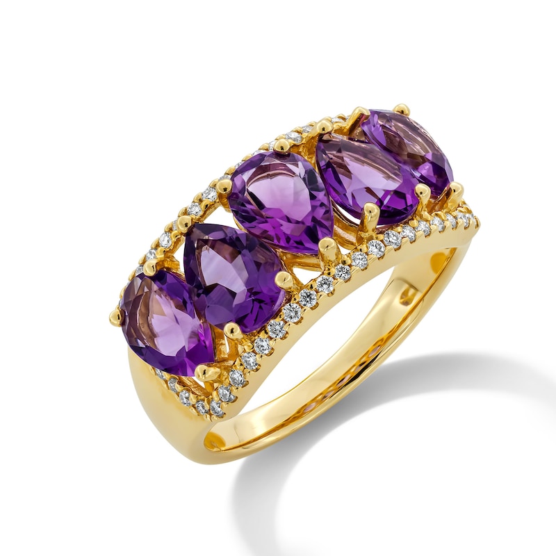 Main Image 3 of Pear-Shaped Amethyst and 0.18 CT. T.W. Diamond Edge Five Stone Ring in 10K Gold