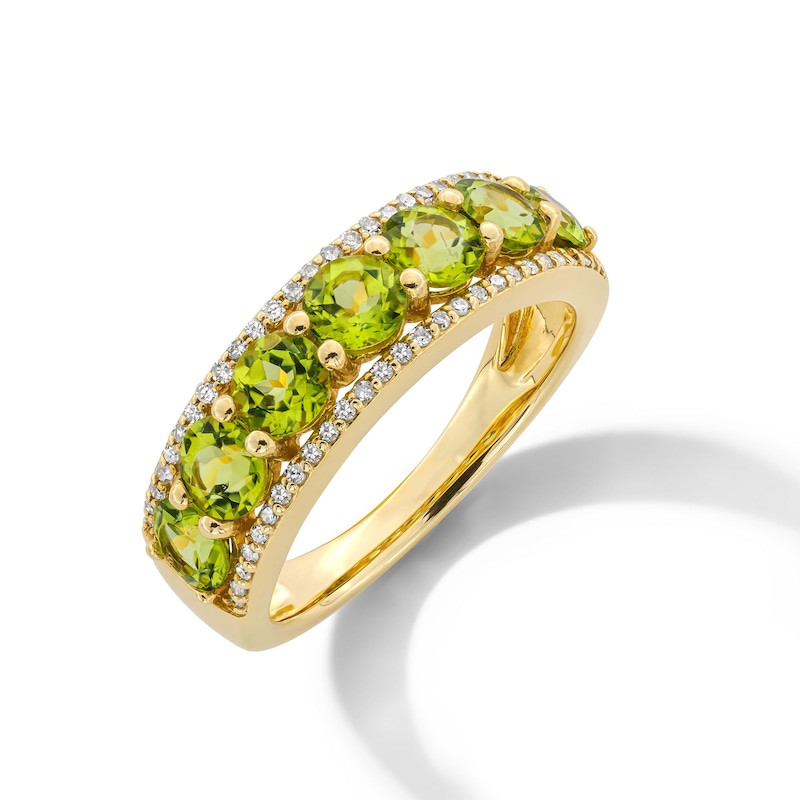 Main Image 3 of 4.0mm Peridot and 0.145 CT. T.W. Diamond Edge Seven Stone Ring in 10K Gold